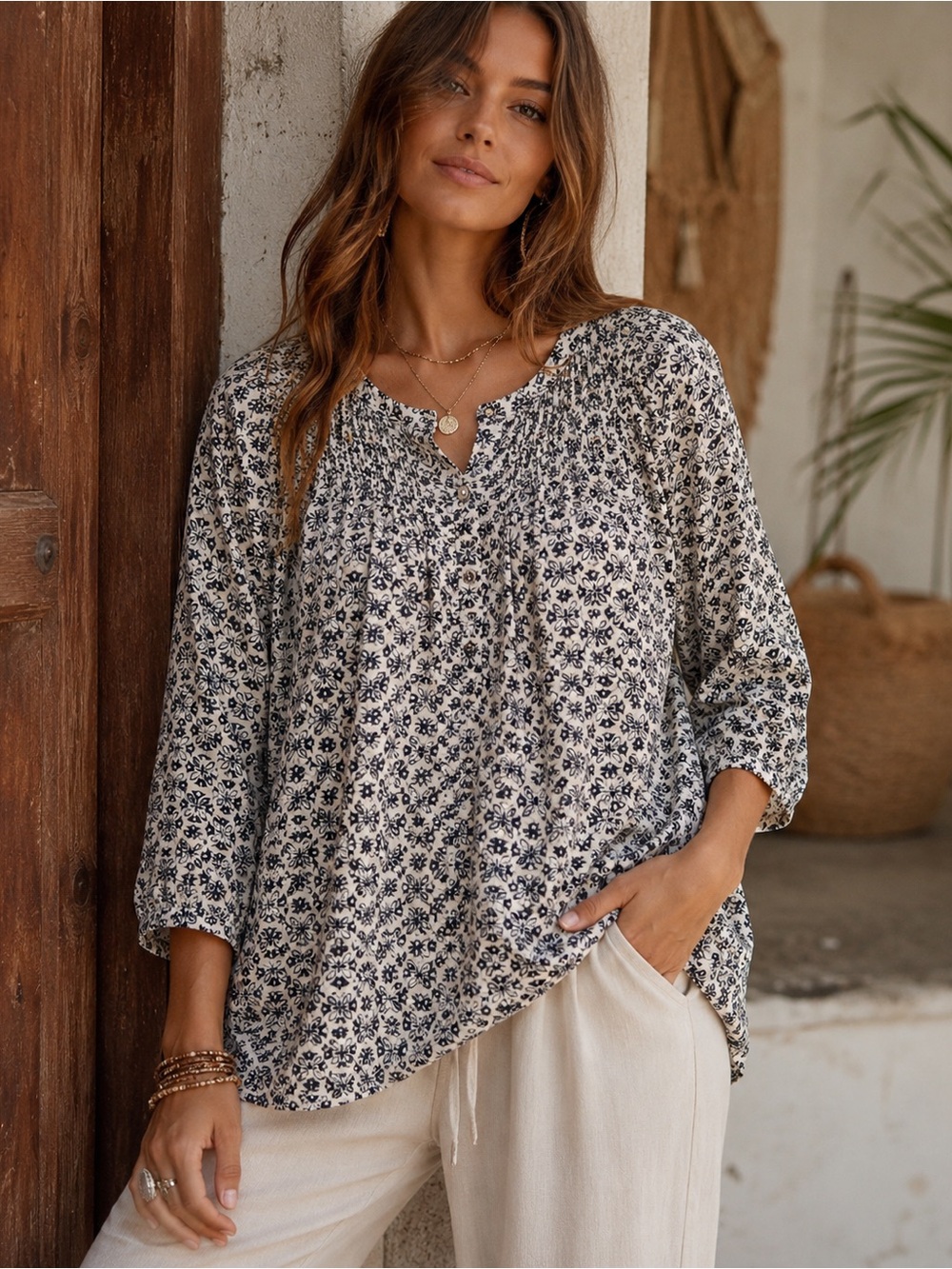 Croft & Barrow Women’s XL Boho Floral Tunic Blouse Black Ivory 3/4 Sleeve
